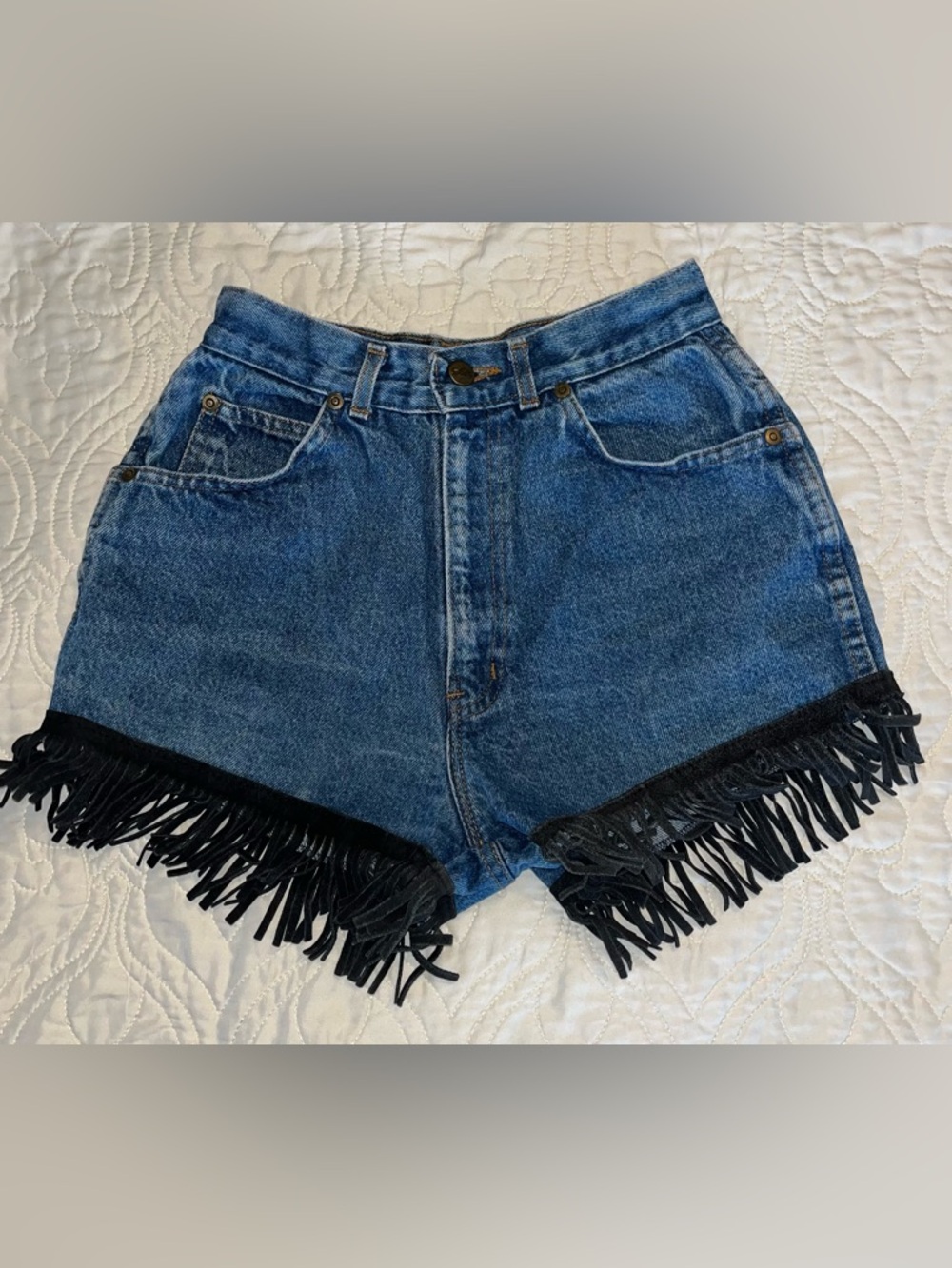 VINTAGE CHIC Boho Denim with Black Fringe High-Waist Shorts